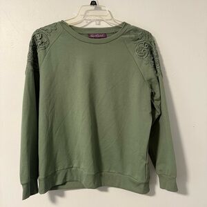 Gloria Vanderbilt Womens Sweatshirt‎ Green Lace Shoulder Long Sleeve Pullover L